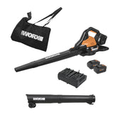WORX WG583 cordless leaf blower focuses on portability for quick yard cleanup.
