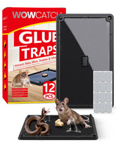 WowCatch 12-pack rat and mouse glue traps on a sturdy board for reliable long-term use.