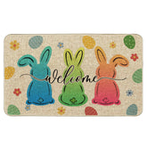 Wylumen Welcome Easter Bunny Eggs Doormat with burlap surface capturing dirt at entry