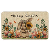 Wylumen Welcome Easter Bunny Eggs Doormat with burlap texture for dirt scraping at the door
