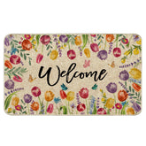 Wylumen Welcome Tulip Doormat front door view with dirt-scraping burlap for tidy entry.