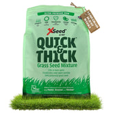 X-Seed Ultra Premium Quick Thick Seed Blend bag showing rapid turf establishment for a lush lawn.