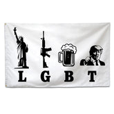 XEODE Liberty Guns Trump flag 3x5 main view on exterior wall, bold patriotic decor.