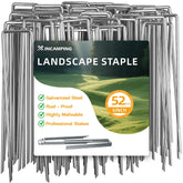 XINCAMPING 52-pack landscape stakes securing a weed barrier in a garden bed