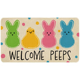 Xsinufn Easter door mat with bunny and chick motif greets guests and traps dirt.