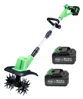 XXCFG cordless tiller cultivator showing 360 RPM power for rapid soil prep