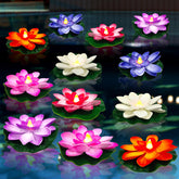 YAHAHARICH floating lotus tea light casts tranquil pool glow for serene outdoor evenings.