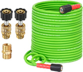 YAMATIC 100ft hose coiled for easy maneuvering around vehicles.
