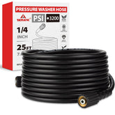 YAMATIC 25ft hose with 14mm brass fittings enables extended patio cleaning.