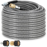 YAMATIC non-marking pressure washer hose 100ft used on a large outdoor surface