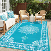 Yamaziot 6x9 ft teal boho outdoor rug on patio adds stylish color and texture