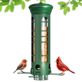 Yarbirder squirrel-proof bird feeder outdoors; deters large squirrels and attracts cardinals.