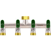 Yayamz 4-way hose splitter shows brass nickel finish for durability outdoors.