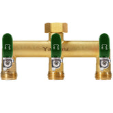 Yayamz brass garden hose splitter with three outlets for simultaneous watering.