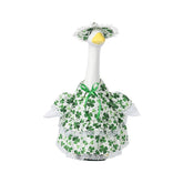Yeweian shamrock-green goose outfit on a porch goose for outdoor St. Patrick's decor.