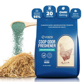 Yibesi chicken coop deodorizer being applied to bedding to reduce odors and moisture
