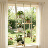 YJREW window shelf with wooden shelves showcases compact, sun-loving plant display.