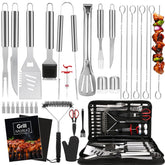 Yoehka 34Pcs grill set laid out, ready for backyard barbecue with comprehensive tools.