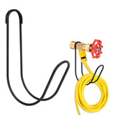 Yoniccal garden hose storage hook mounted on a wall keeps hoses neat.