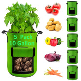 YOQXHY 5-pack 10-gallon potato grow bags with handles and access flap for easy harvesting.