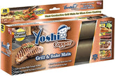Yoshi Copper Grill Mats in use for grilling; non-stick surface prevents sticking.