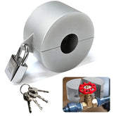 Young Dance gate valve locking device in silver secures outdoor valve handles