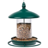 Youvip metal roof bird feeder with 360-degree perch in outdoor setting.