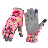 YRTSH leather gardening gloves for women in pink, close-up showing texture and abrasion resistance.