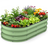 Yumatum raised garden bed front view shows sturdy galvanized panels ideal for beginner gardeners.
