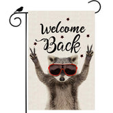 ZAEW Welcome Back Raccoon flag front view with bold colors for outdoor charm.