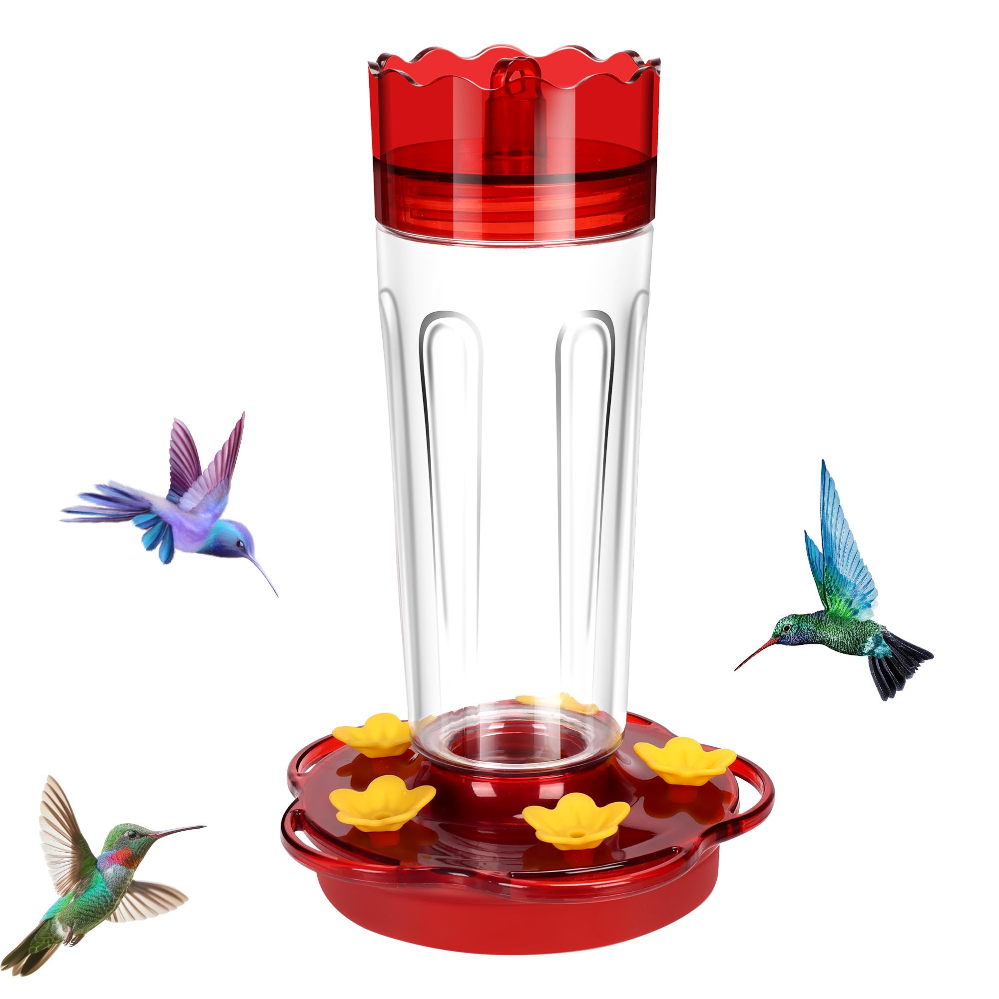 Zamelane red hummingbird feeder with 15 oz capacity attracting birds.