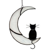 ZAUJITER Black Cat on White Moon stained glass suncatcher catching sunlight