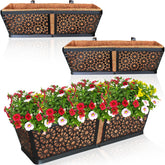 ZeeDix 3-pack metal window boxes railing display on a balcony.