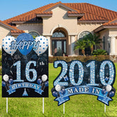 Zeptrix 16th birthday yard sign in blue-silver with stakes for sturdy front-yard display