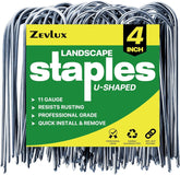 Zevlux 4-inch U-shape stakes securing irrigation tubing with strong hold.