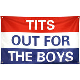 ZKflager Tits Out for the Boys flag front view, bold dorm decor.