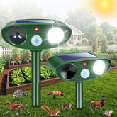 ZLieatmp solar ultrasonic animal deterrent device with motion detection protects garden crops.