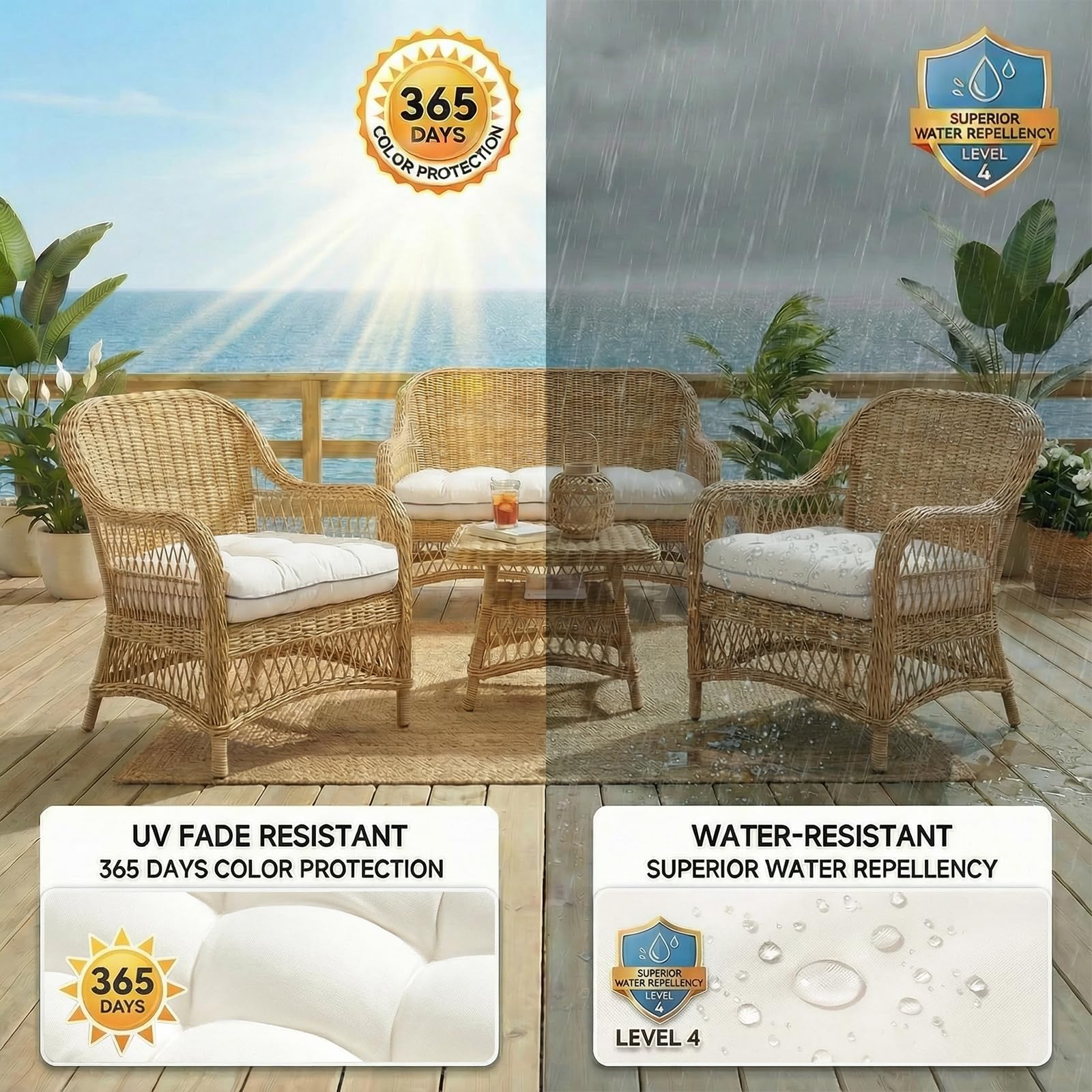 1 MIDDLE ONE wicker cushion-chair-1 durable, water-resistant fabric.