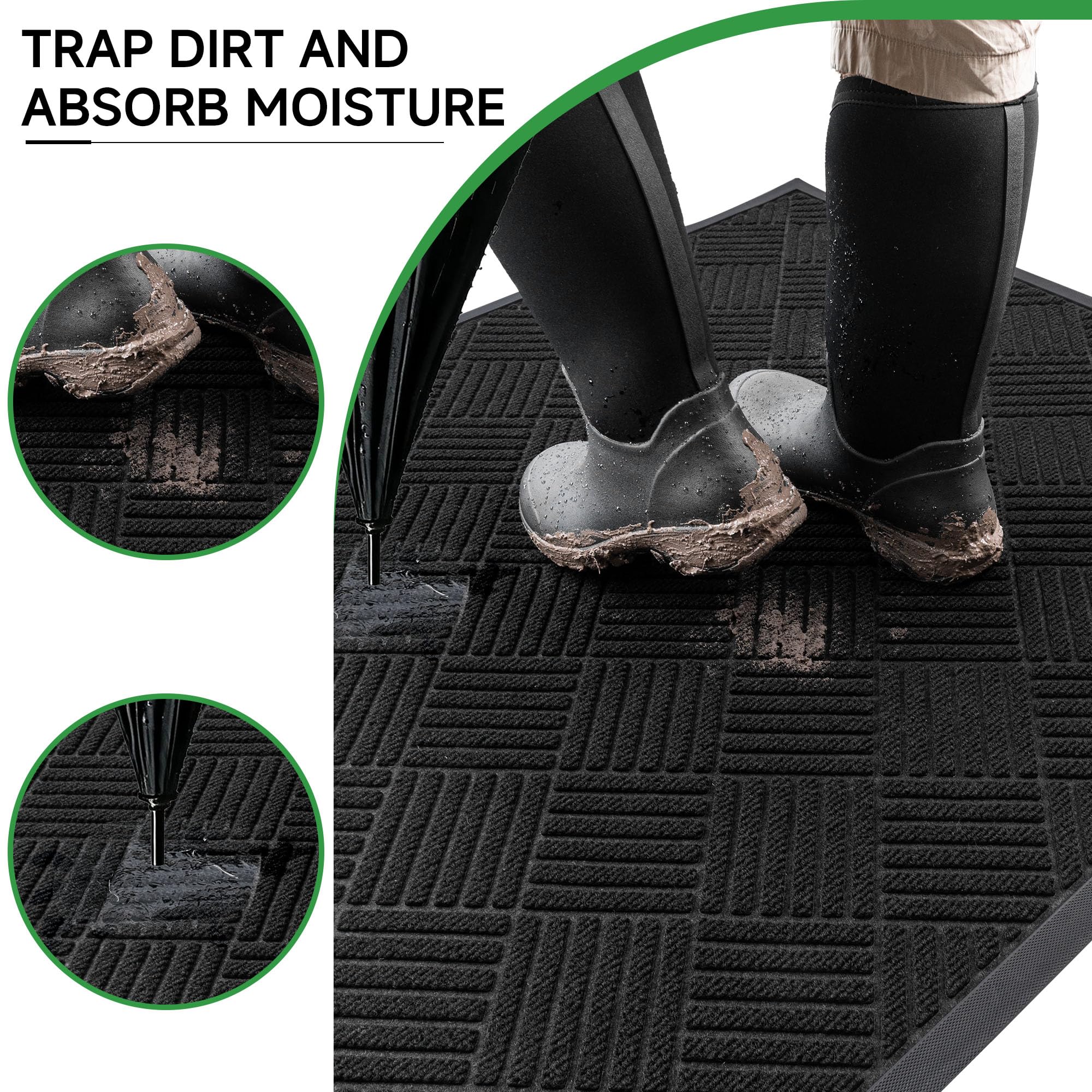 100pointONE front door mat diamond black non-slip bottom keeps rug in place.
