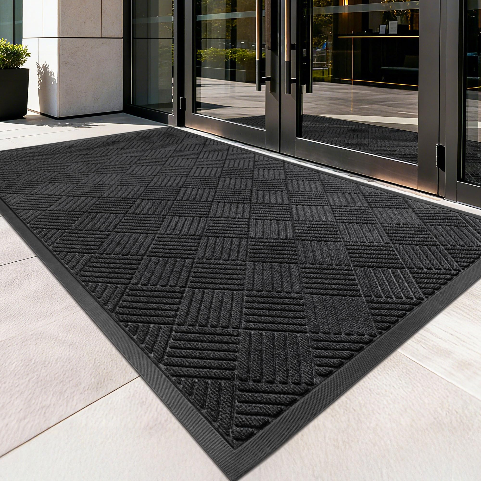 100pointONE outdoor indoor entry mat resists stains in high-traffic areas.