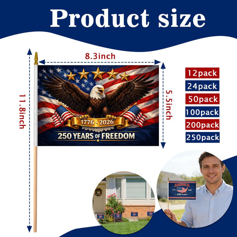 12 Pack Small American Flags on Stick displayed on a desk for patriotic decor