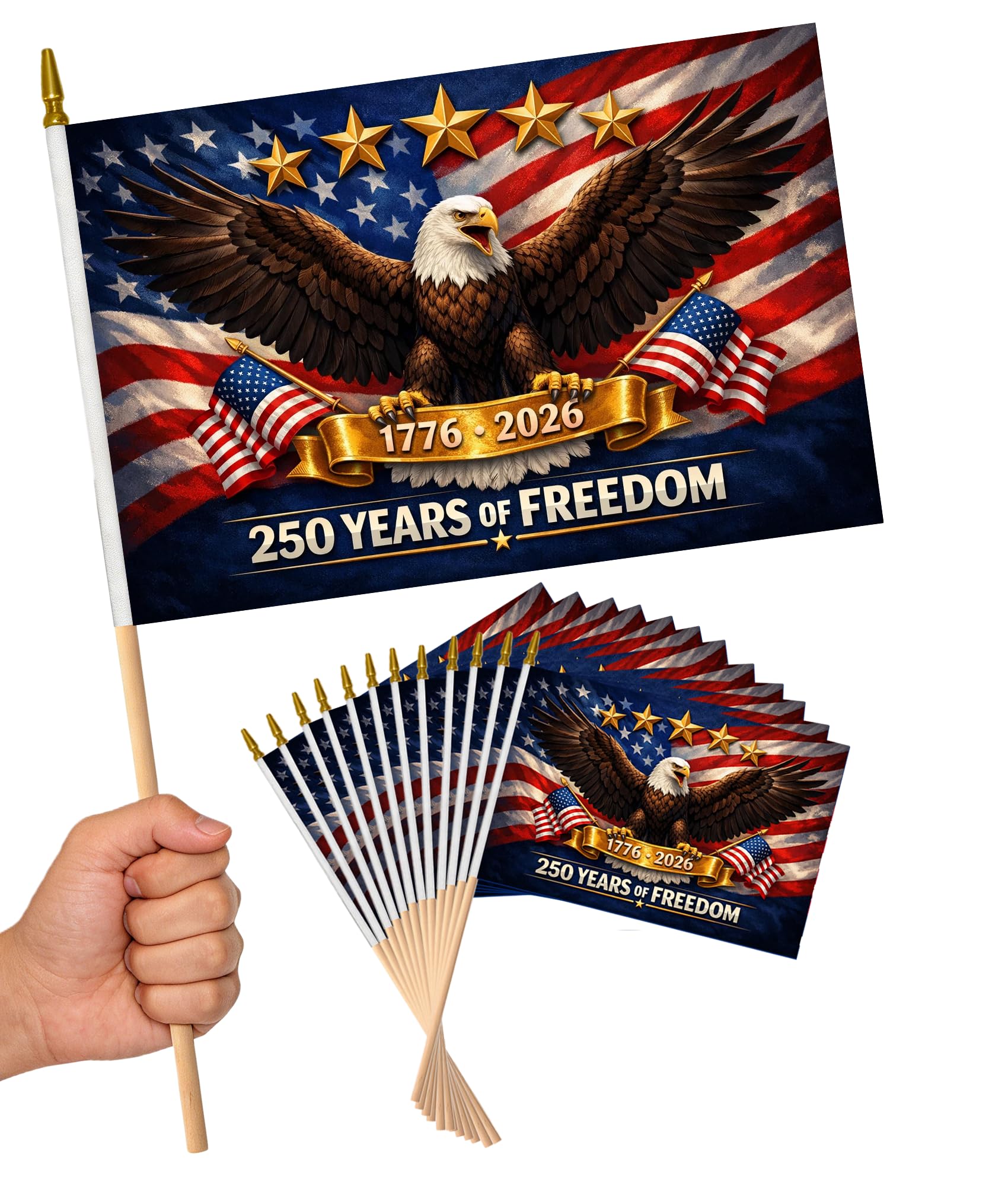 12 Pack Small American Flags on Stick held for festive parade waving