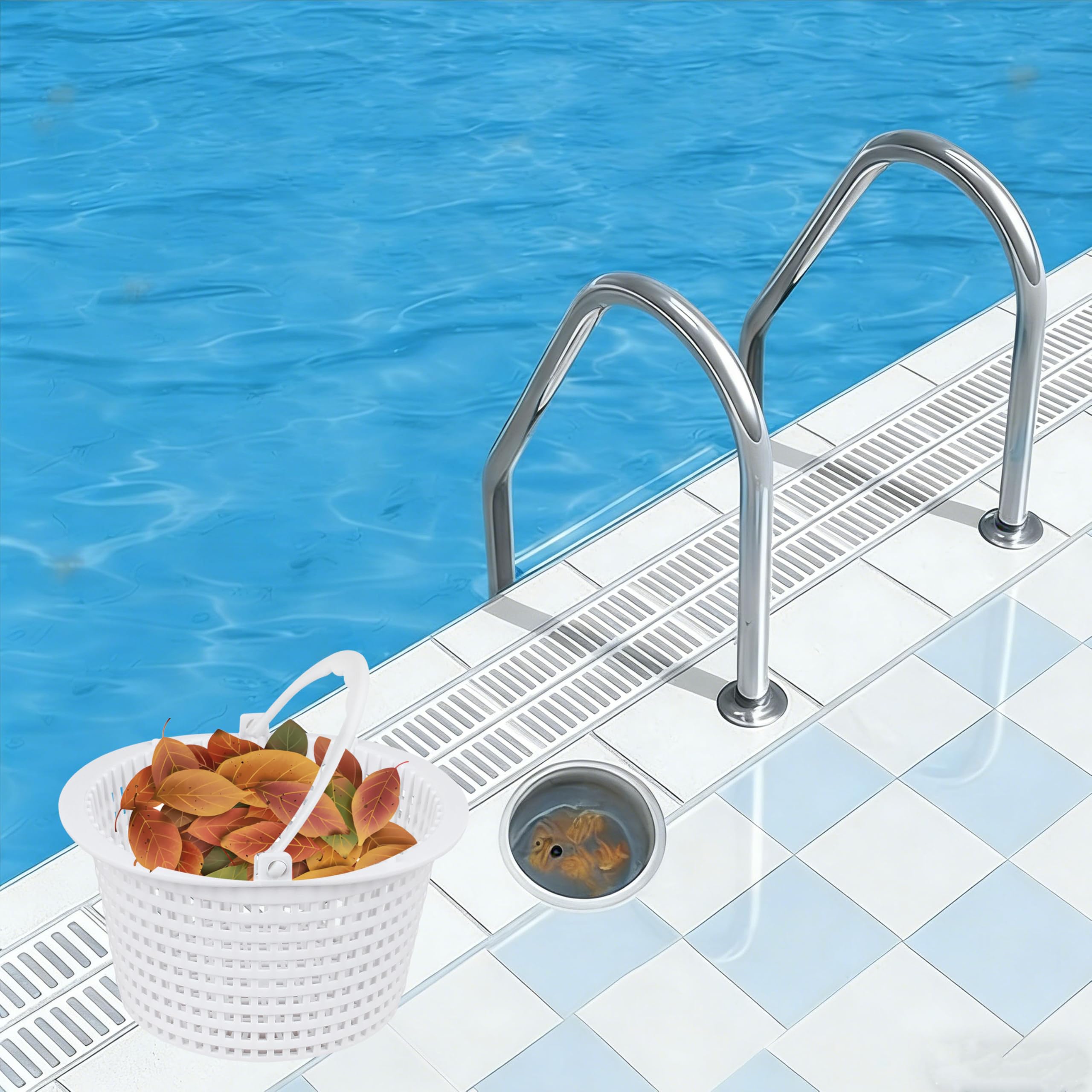 131763310 SPX1091C basket in pool skimmer alongside leaves.