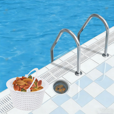 131763310 SPX1091C basket in pool skimmer alongside leaves.