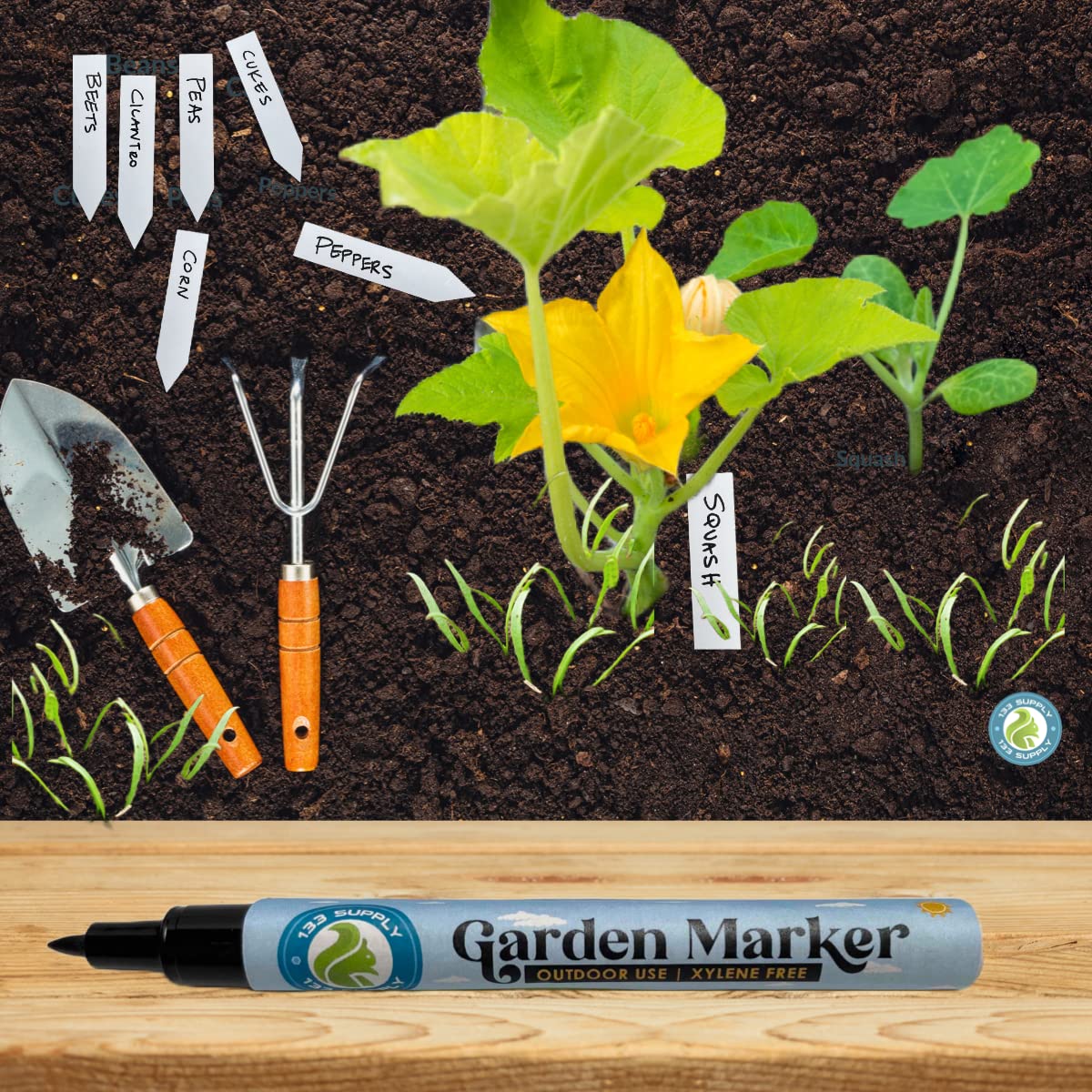 133 SUPPLY plant labels in a nursery pot helping organize young plants.