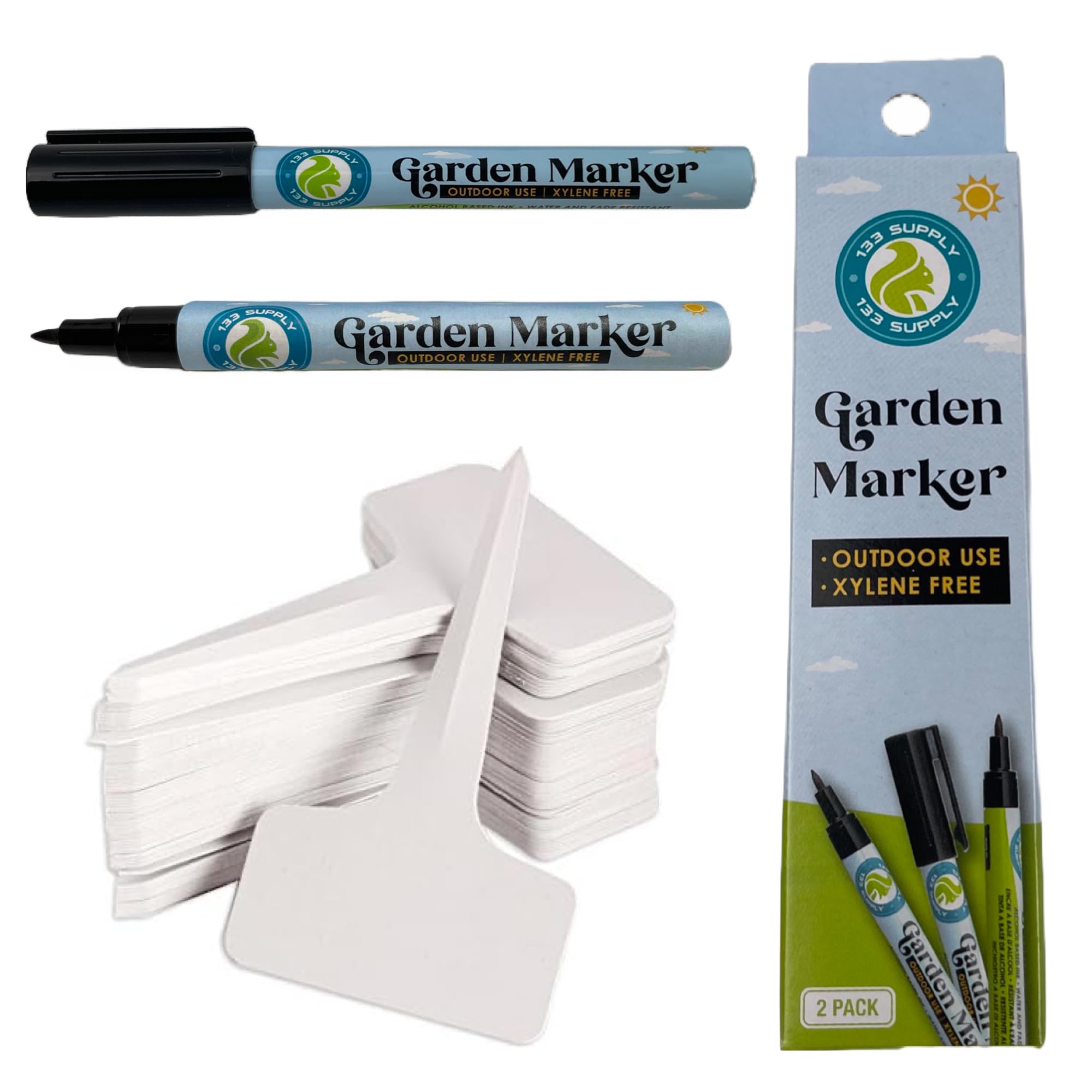 133 SUPPLY T-Type plant labels in white for clear seedling labeling outdoors.