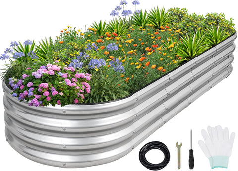 1MORE galvanized raised garden bed front view with durable silver panels for outdoor use