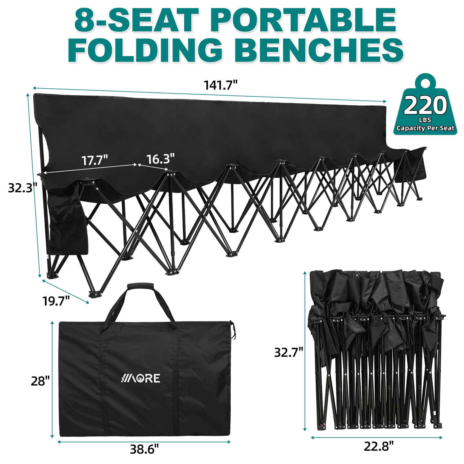 1MORE Soccer Bench eight-seat folded side view highlighting compact carry