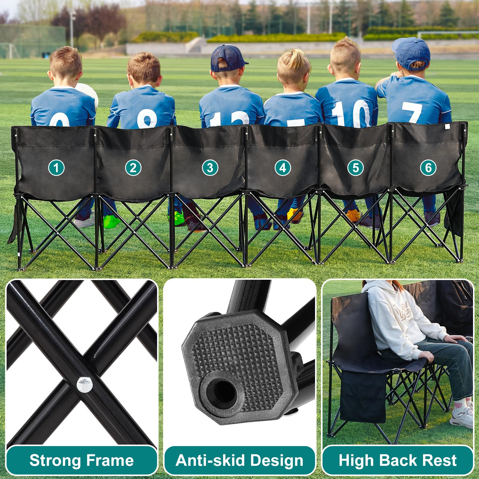 1MORE Soccer Bench backrest provides ergonomic support during play.