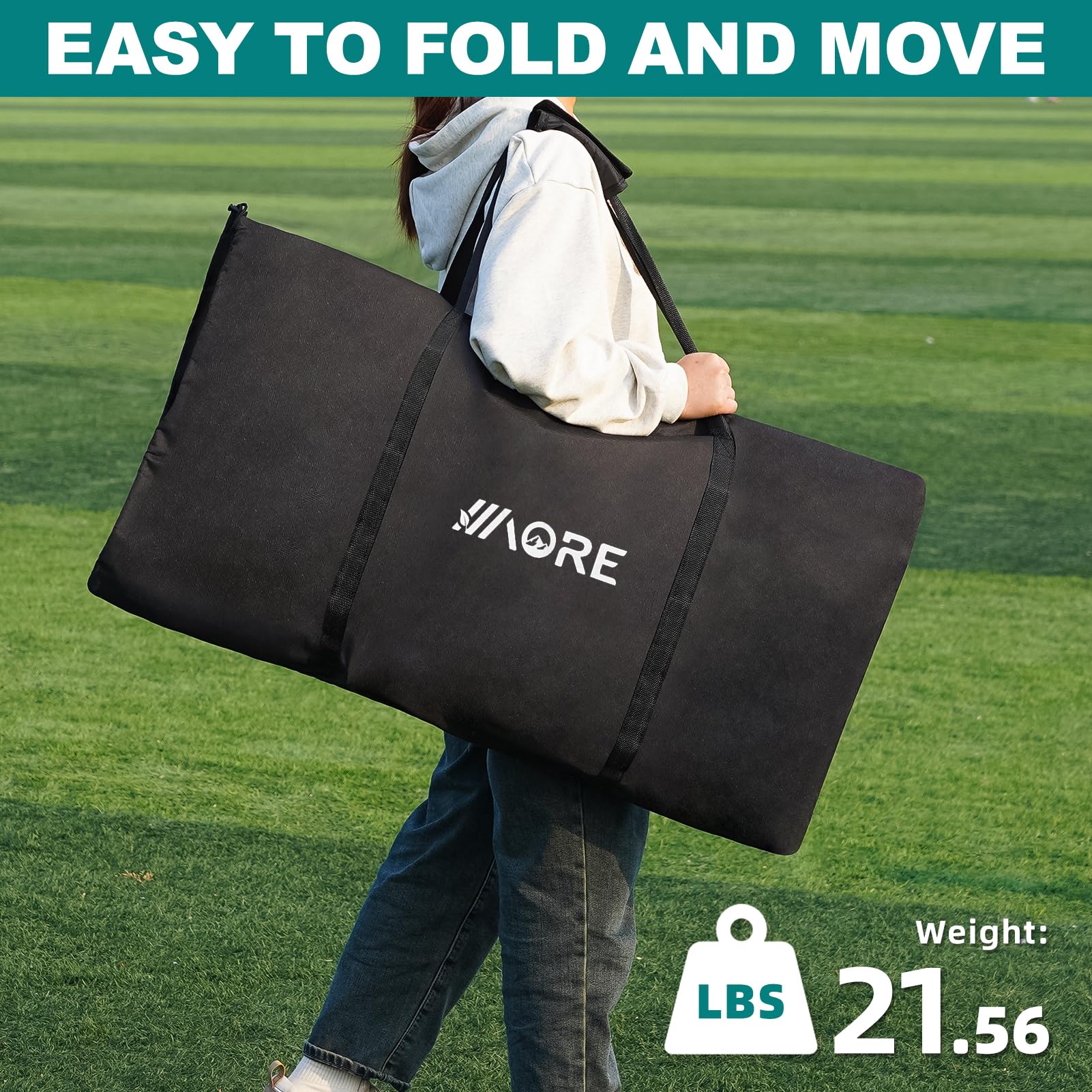 1MORE Soccer Bench easy carry handle for quick, portable seating.